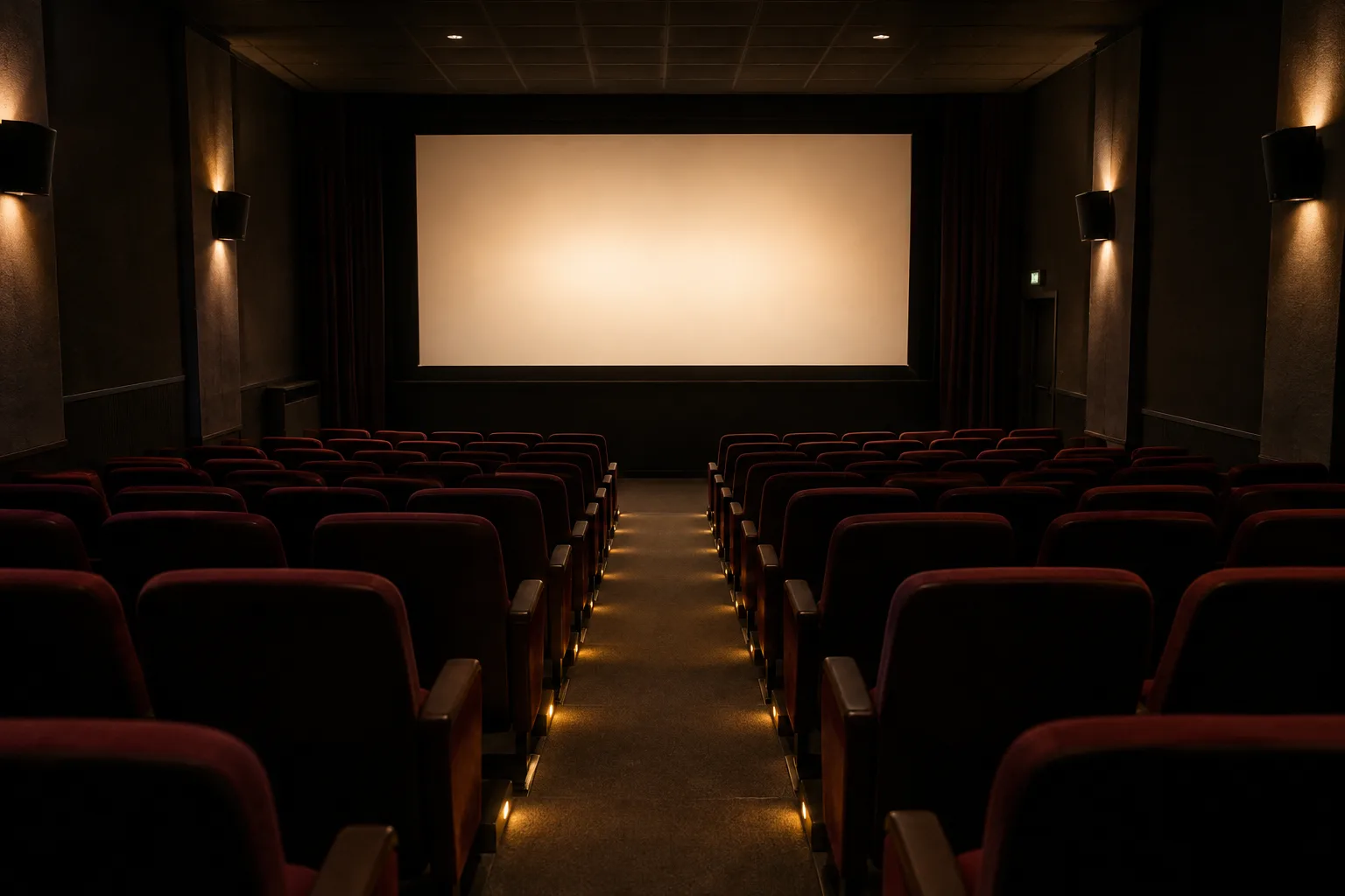Des rangées de sièges de cinéma plongées dans l’obscurité, éclairées par la lueur douce de l’écran.