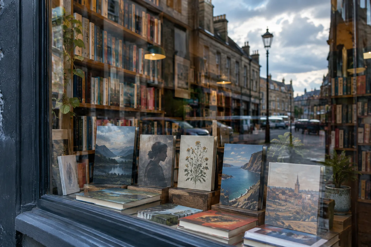 Des livres apparaissent derrière une vitre où se reflètent le ciel et la rue.
