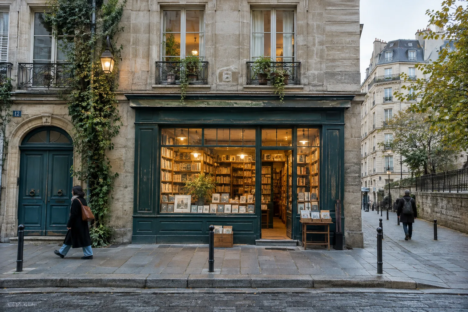Une petite librairie ouvre sa vitrine sur une rue bordée de façades anciennes.