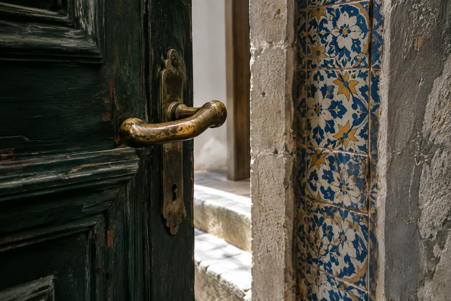 Gros plan sur une poignée ancienne et des carreaux dépareillés éclairés par une bande de lumière.