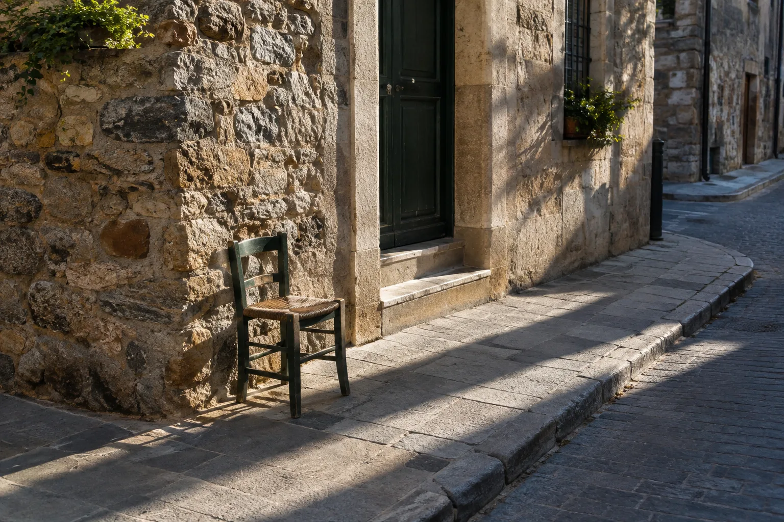 Un coin de rue associe un mur de pierre, une porte et une chaise vide dans la lumière.