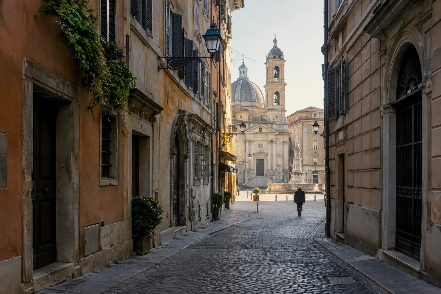 Une ruelle pavée conduit le regard vers une place ensoleillée, entre des façades anciennes.