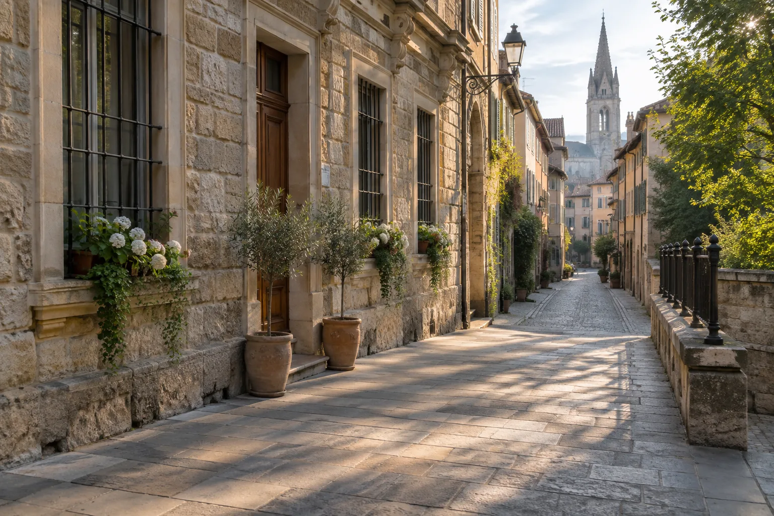 Une rue de ville où la lumière souligne une façade et les pavés du premier plan.