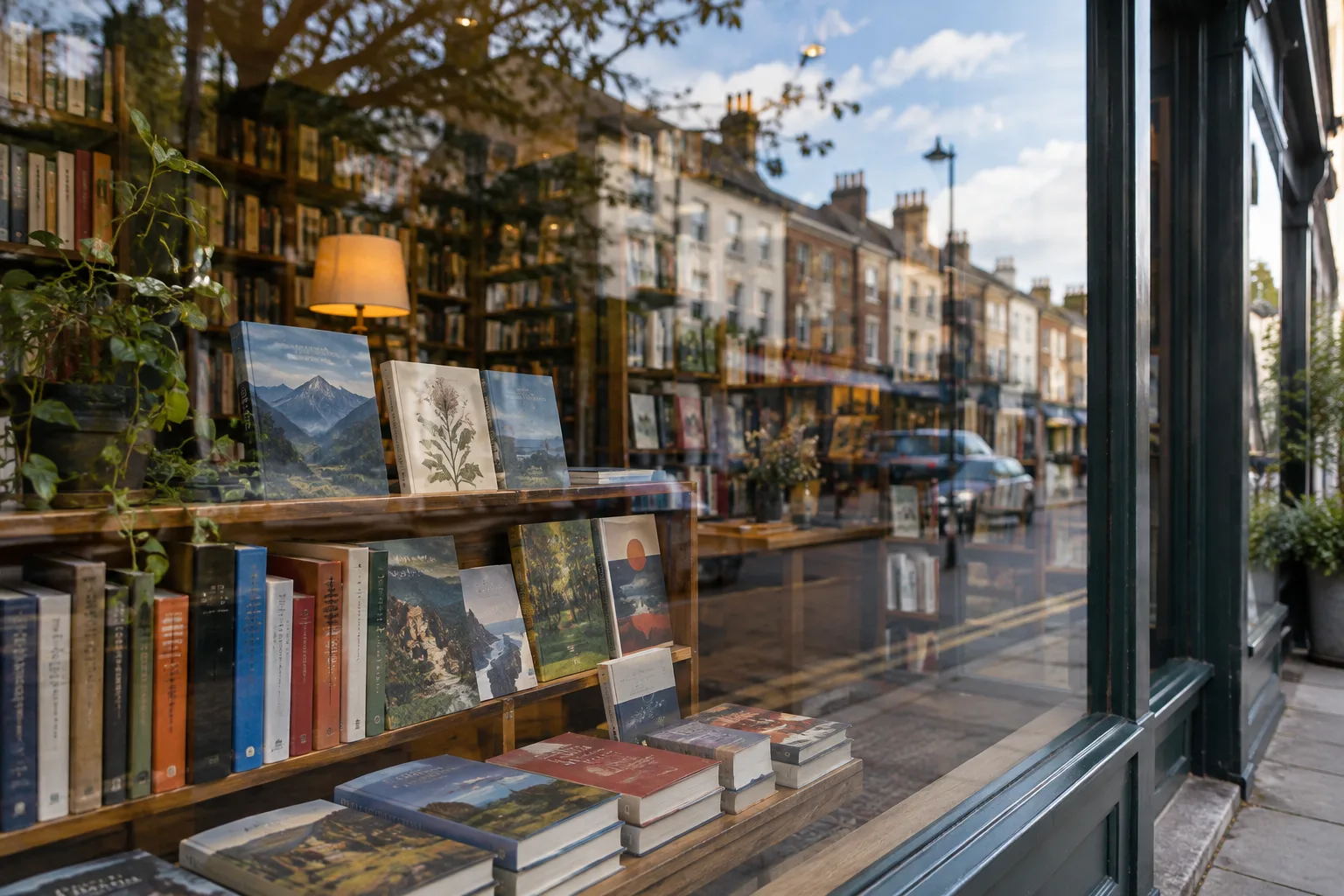Des livres apparaissent derrière une vitre où se reflètent les bâtiments de la rue.