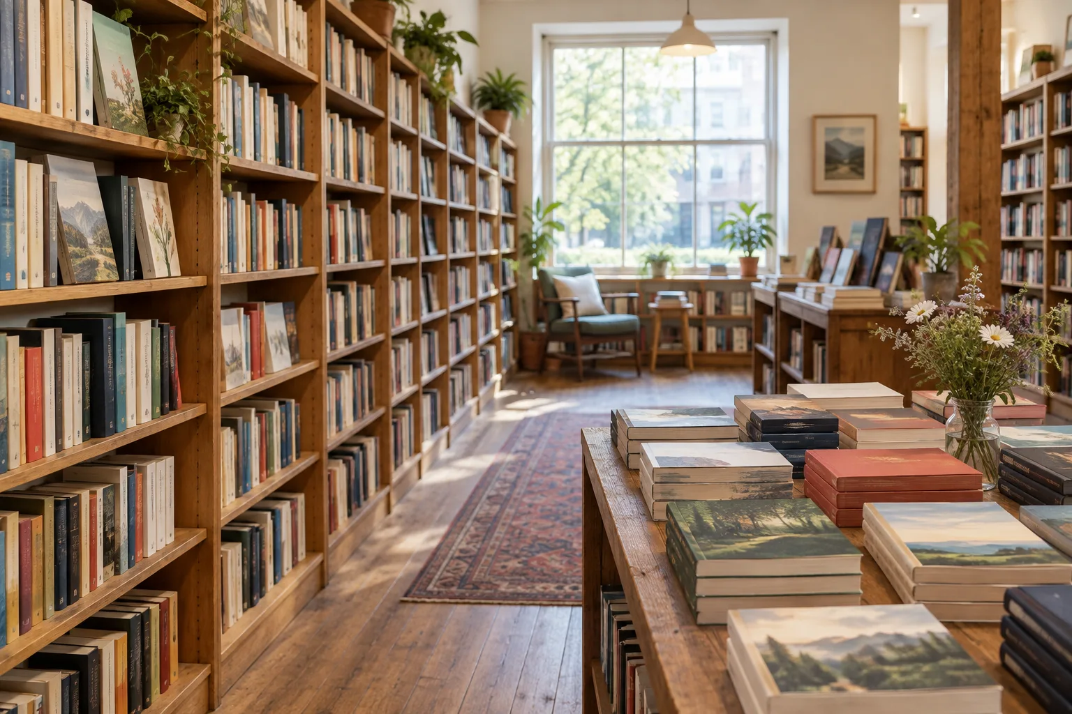 Une table de livres au premier plan, devant des rayonnages éclairés par une fenêtre.