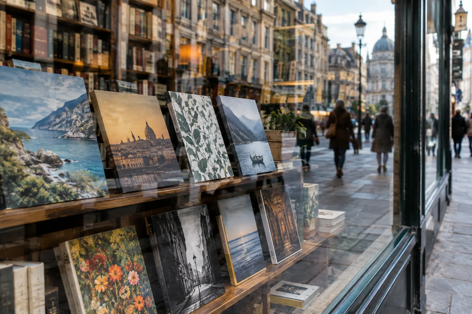 Des livres en vitrine se superposent aux reflets d’une rue.