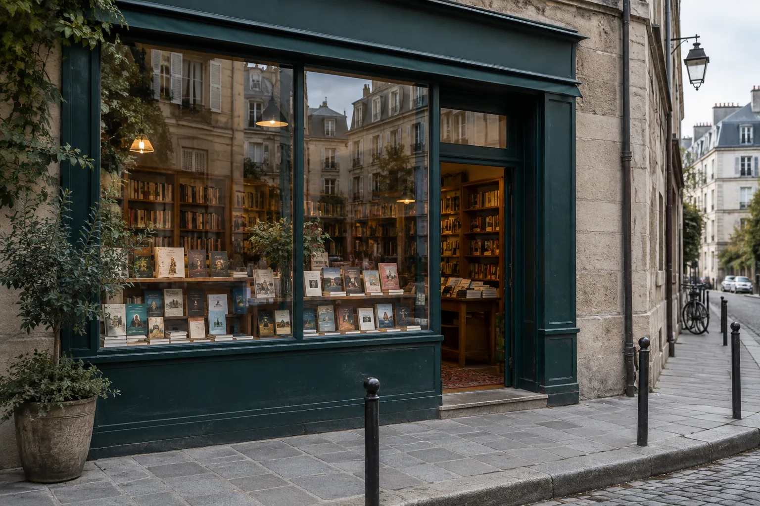 Vitrine d’une librairie où les livres se mêlent aux reflets de la rue.