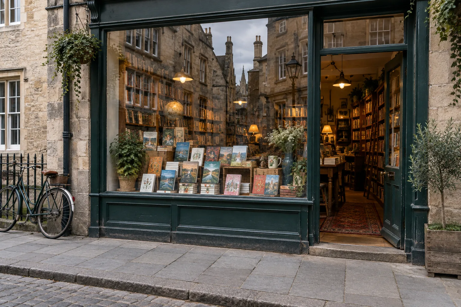 Rayonnages de livres et table de nouveautés dans une librairie éclairée par une fenêtre.