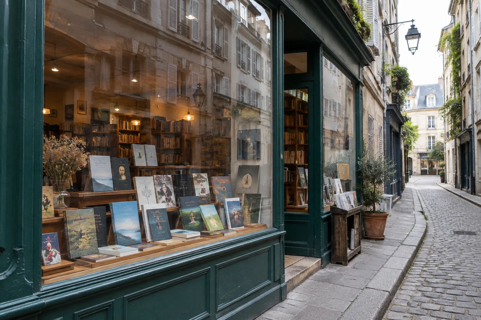 Vitrine d’une librairie où les livres se mêlent au reflet des façades de la rue.