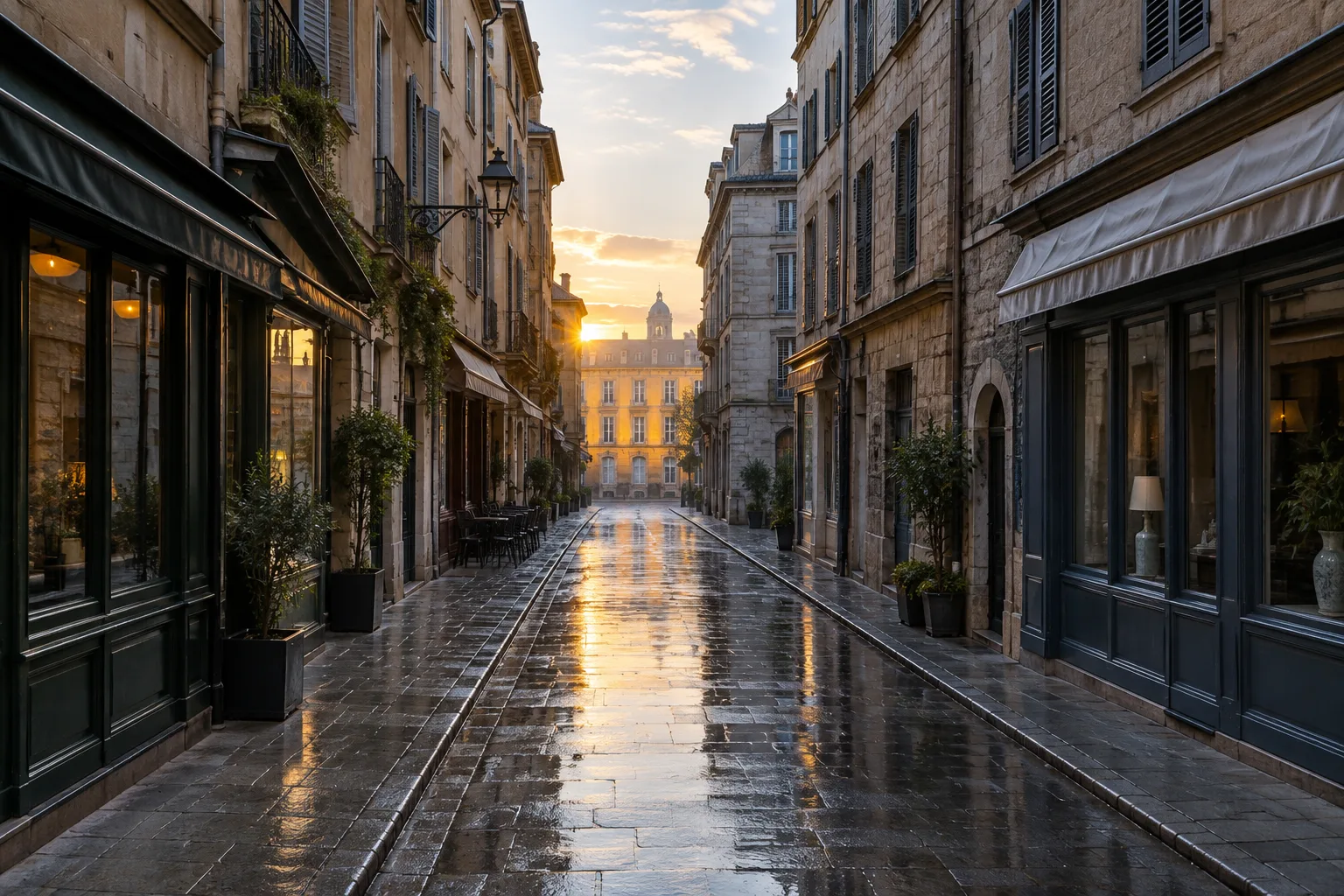Les premiers rayons du soleil atteignent une façade au bout d’une ruelle calme, tandis que le sol humide reflète le ciel.