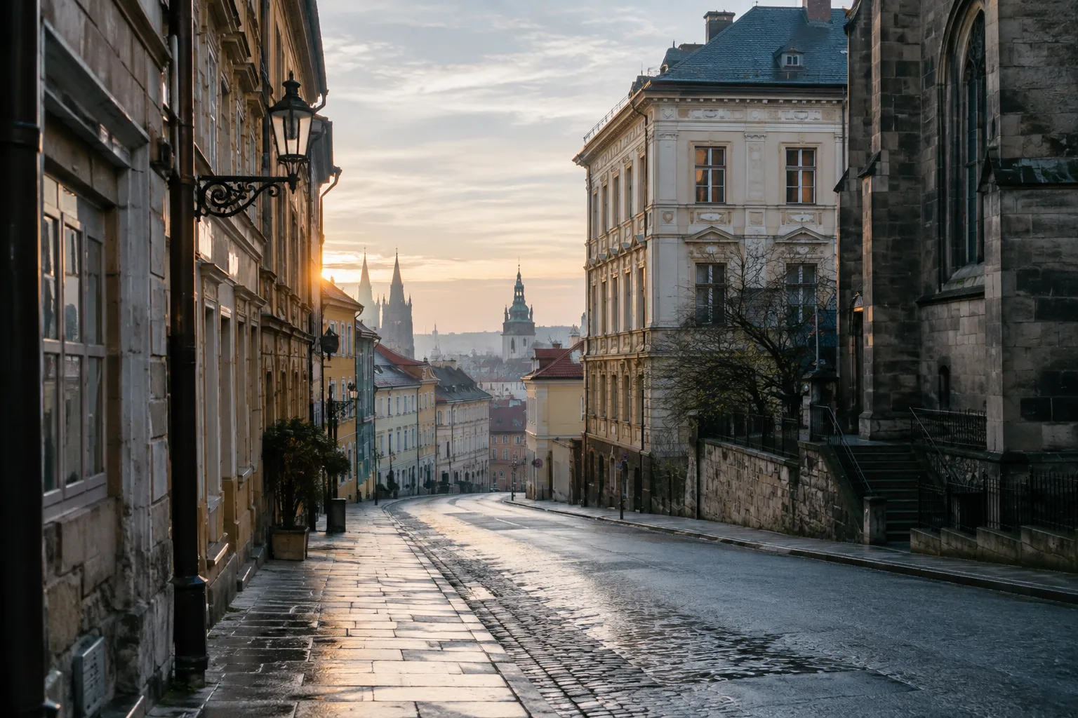 Une rue étroite aux façades anciennes, éclairée par les premiers rayons du jour et réfléchie sur un trottoir humide.
