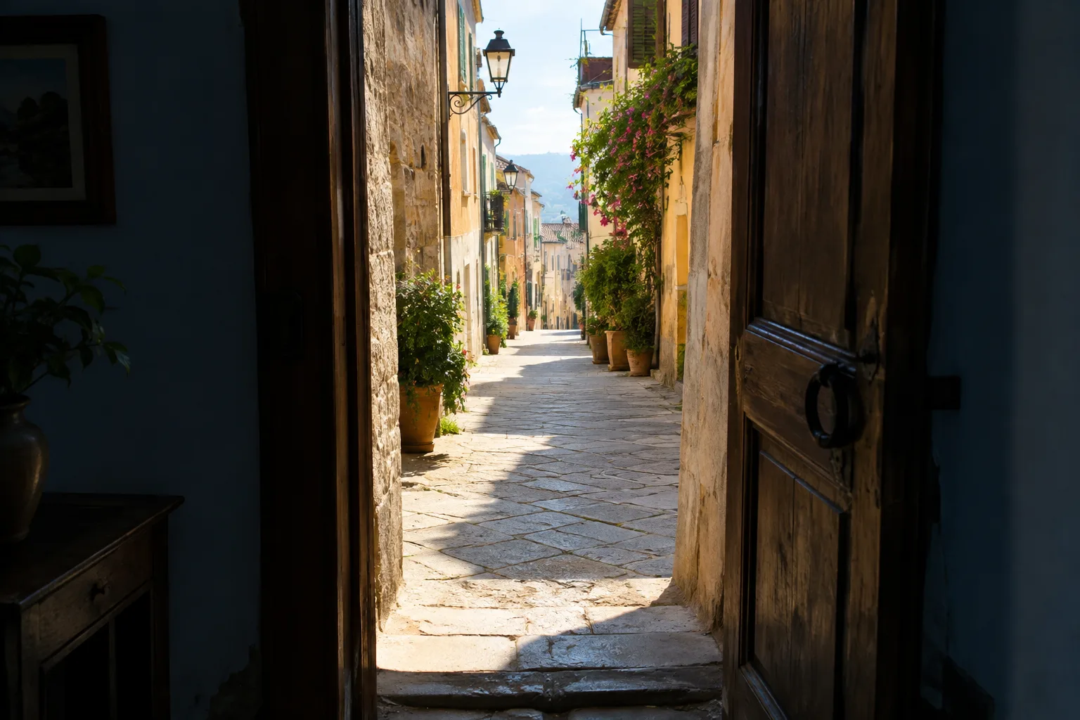 Depuis une porte entrouverte, une ruelle ensoleillée apparaît au-delà de l’intérieur sombre.