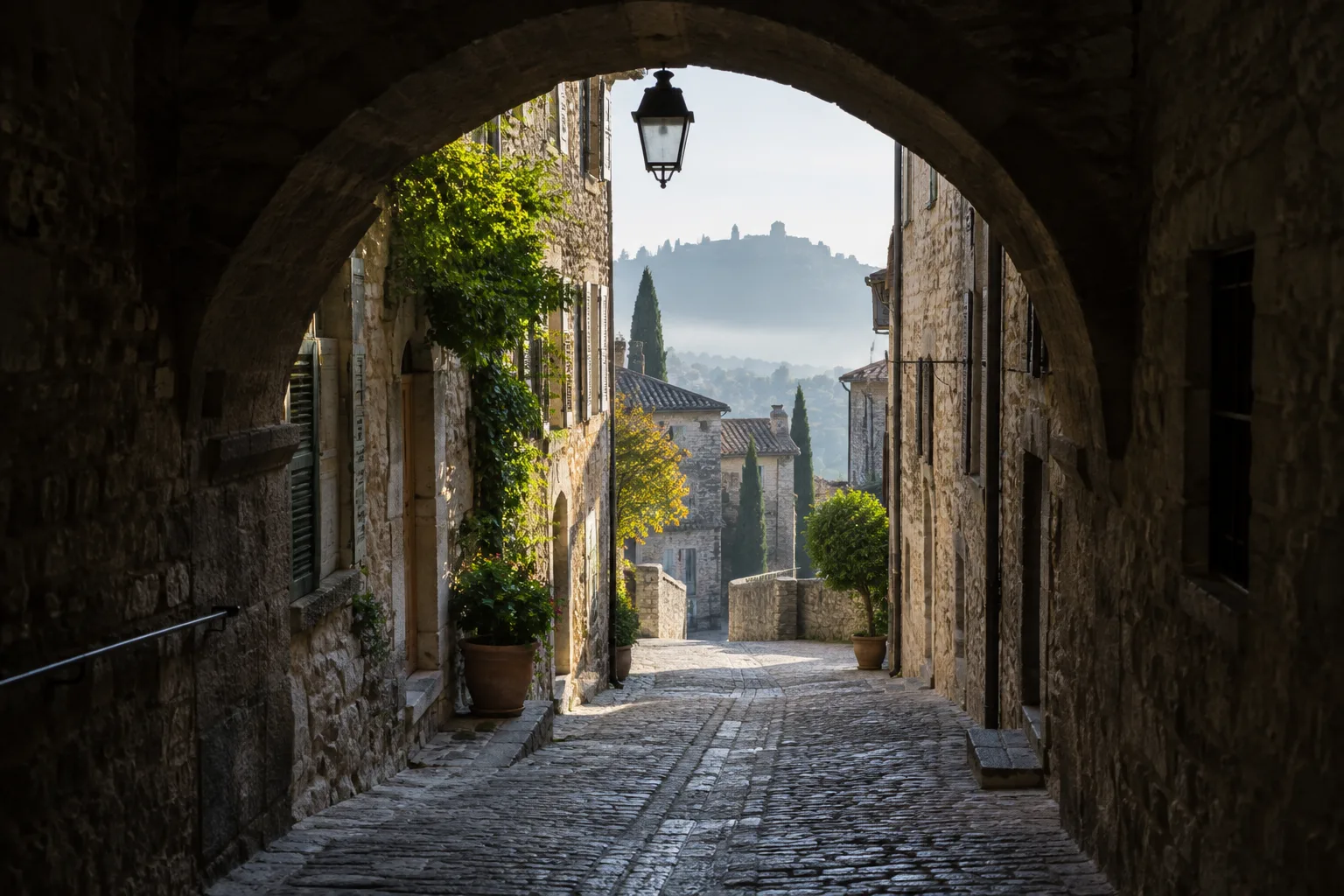 Une ruelle lumineuse encadrée par une arcade de pierre dans une vieille ville.