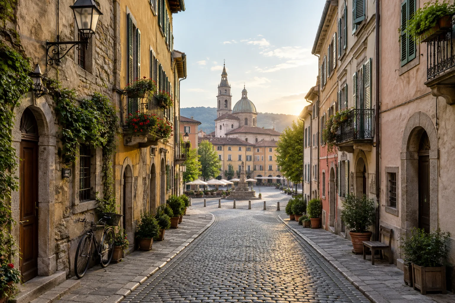 Une ruelle ombragée s’ouvre sur une place lumineuse, entre façades anciennes.