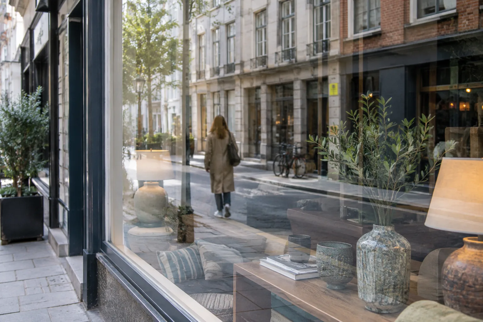 Le reflet des façades et d’un passant se superpose à la devanture d’un commerce.