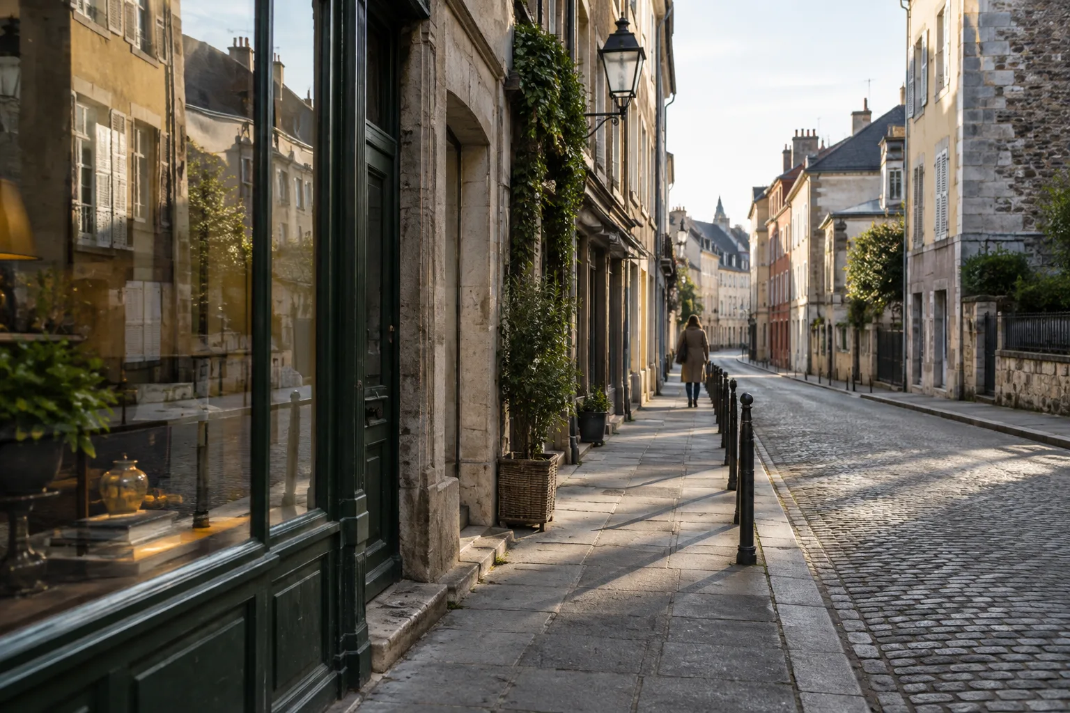 Une rue urbaine où les façades se reflètent dans la vitrine d’un commerce.