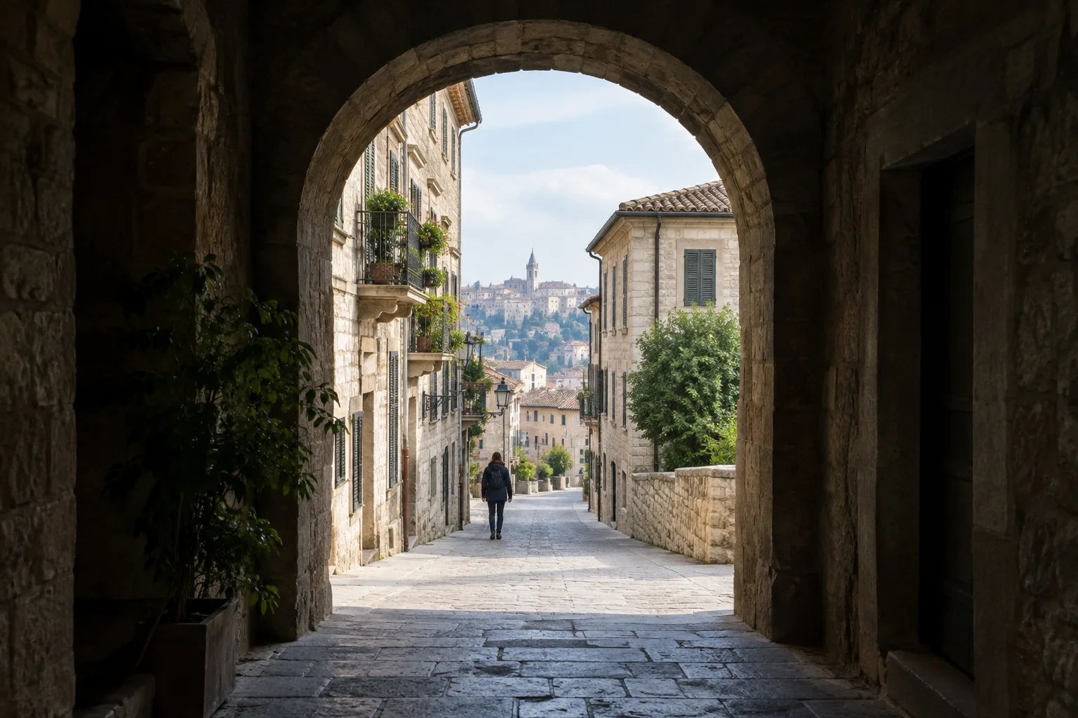 Depuis un passage ombragé, une rue lumineuse s’ouvre au loin avec une silhouette vue de dos.