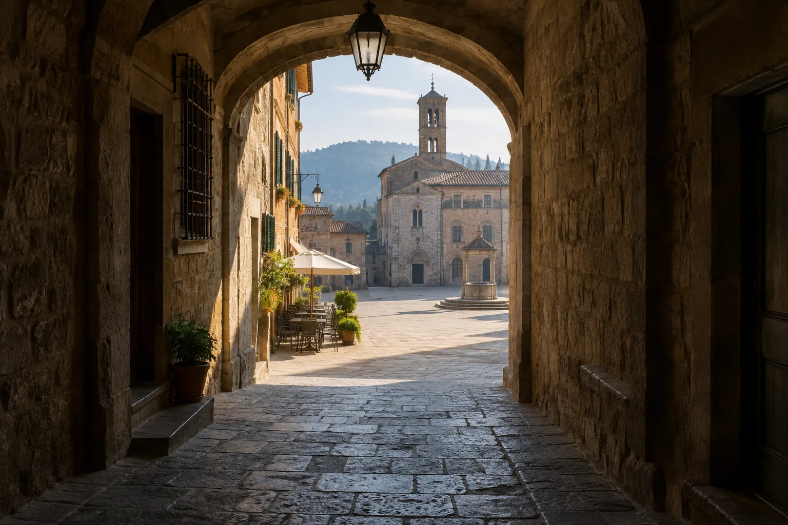 Une rue ensoleillée apparaît au bout d’un passage sombre bordé de murs anciens.