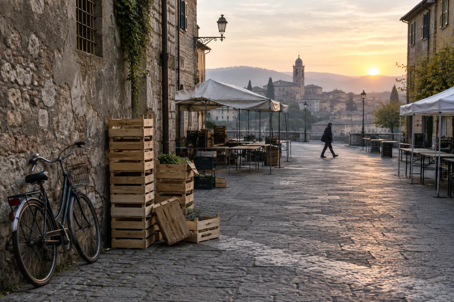 Des cagettes de marché et une bicyclette occupent le premier plan d’une rue calme au petit matin.