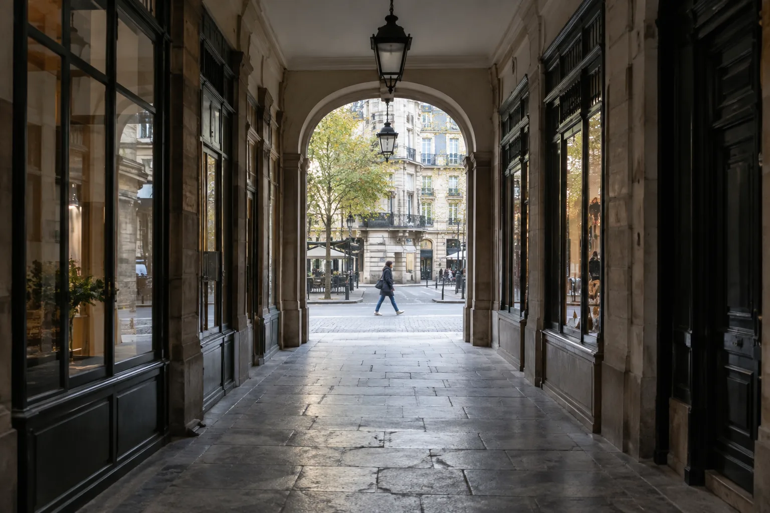 Un passage couvert encadre une rue lumineuse où marche une personne vue de loin.