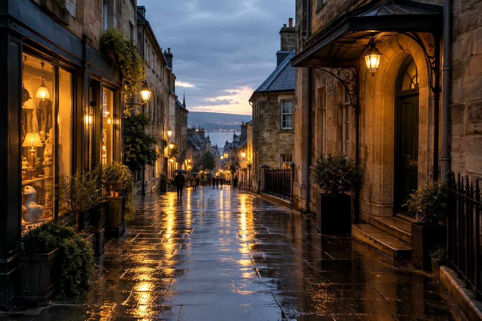 La pluie fait miroiter les lumières des boutiques sur une ruelle au crépuscule.