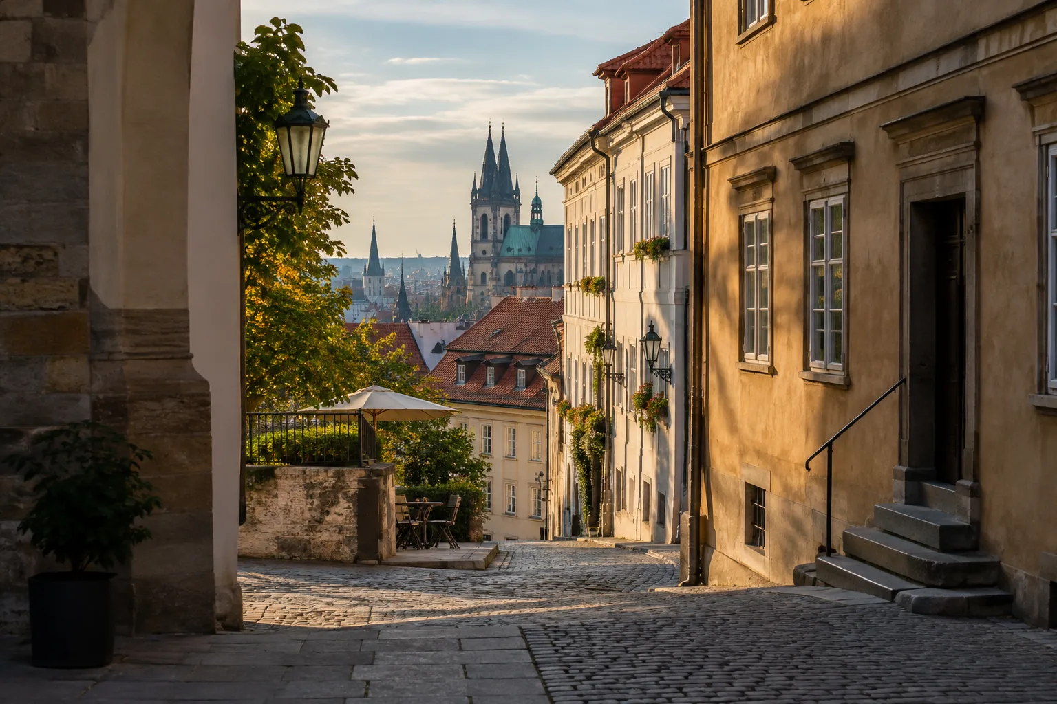 Une rue ancienne où une ouverture entre les bâtiments laisse entrevoir un passage éclairé.