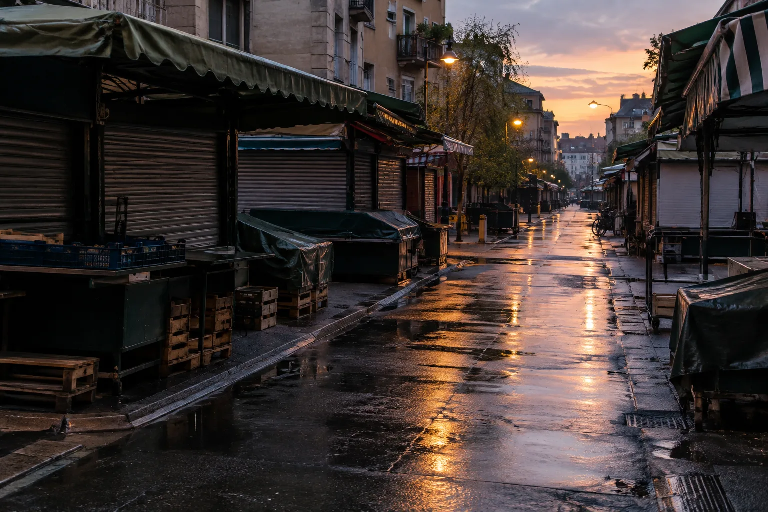 Une rue de marché presque vide après la fermeture, avec le sol humide sous la lumière du soir.