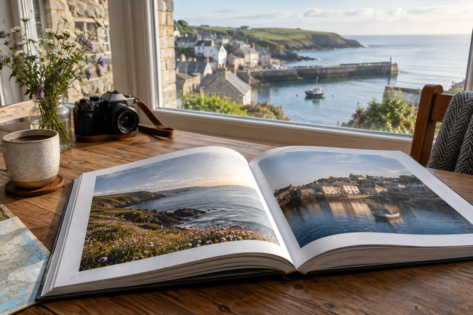 Un livre de photographies ouvert près d’une fenêtre donnant sur une ville côtière.