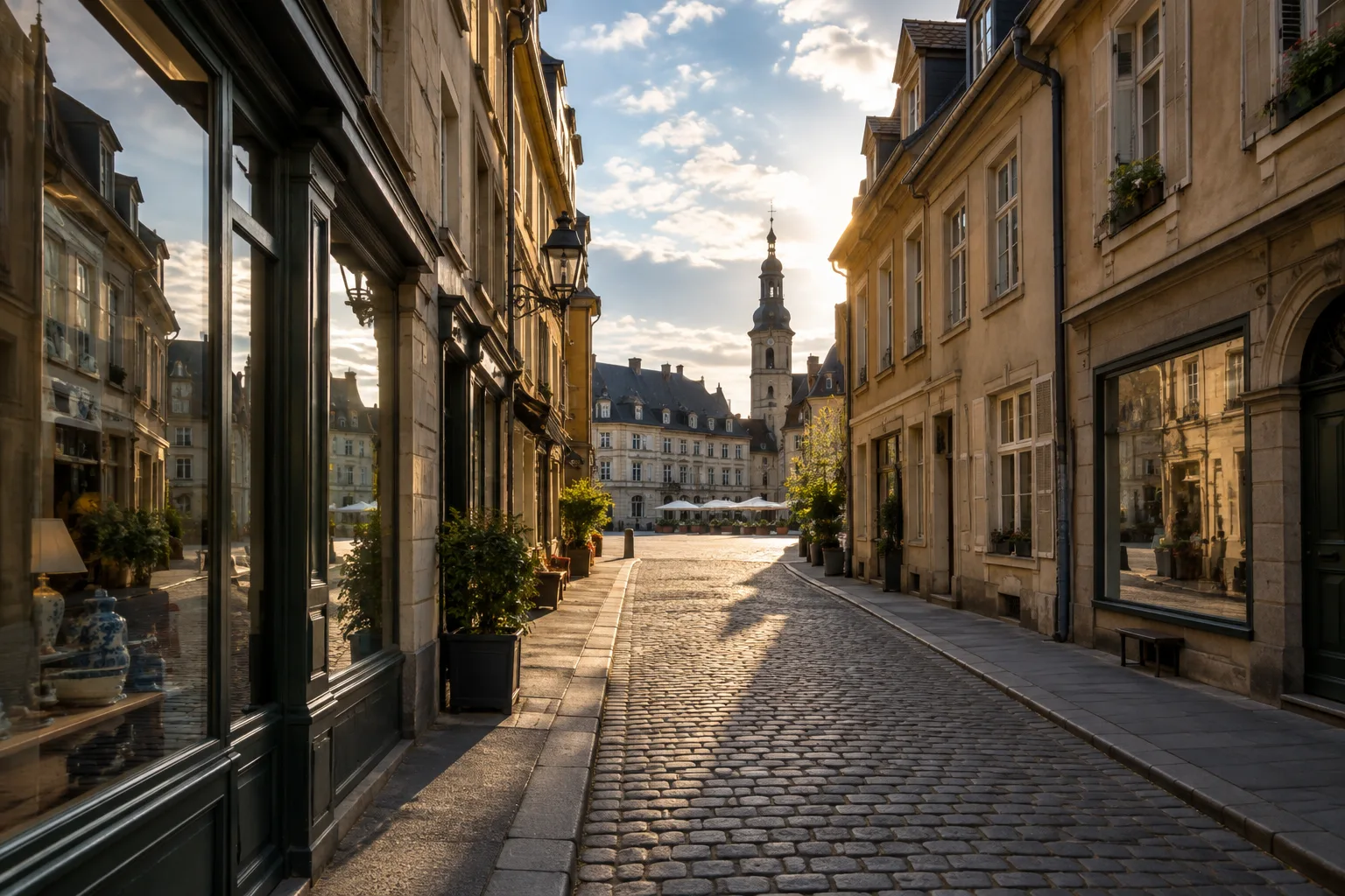 Des façades parallèles guident le regard vers une place éclairée, tandis que les vitrines reflètent la rue.