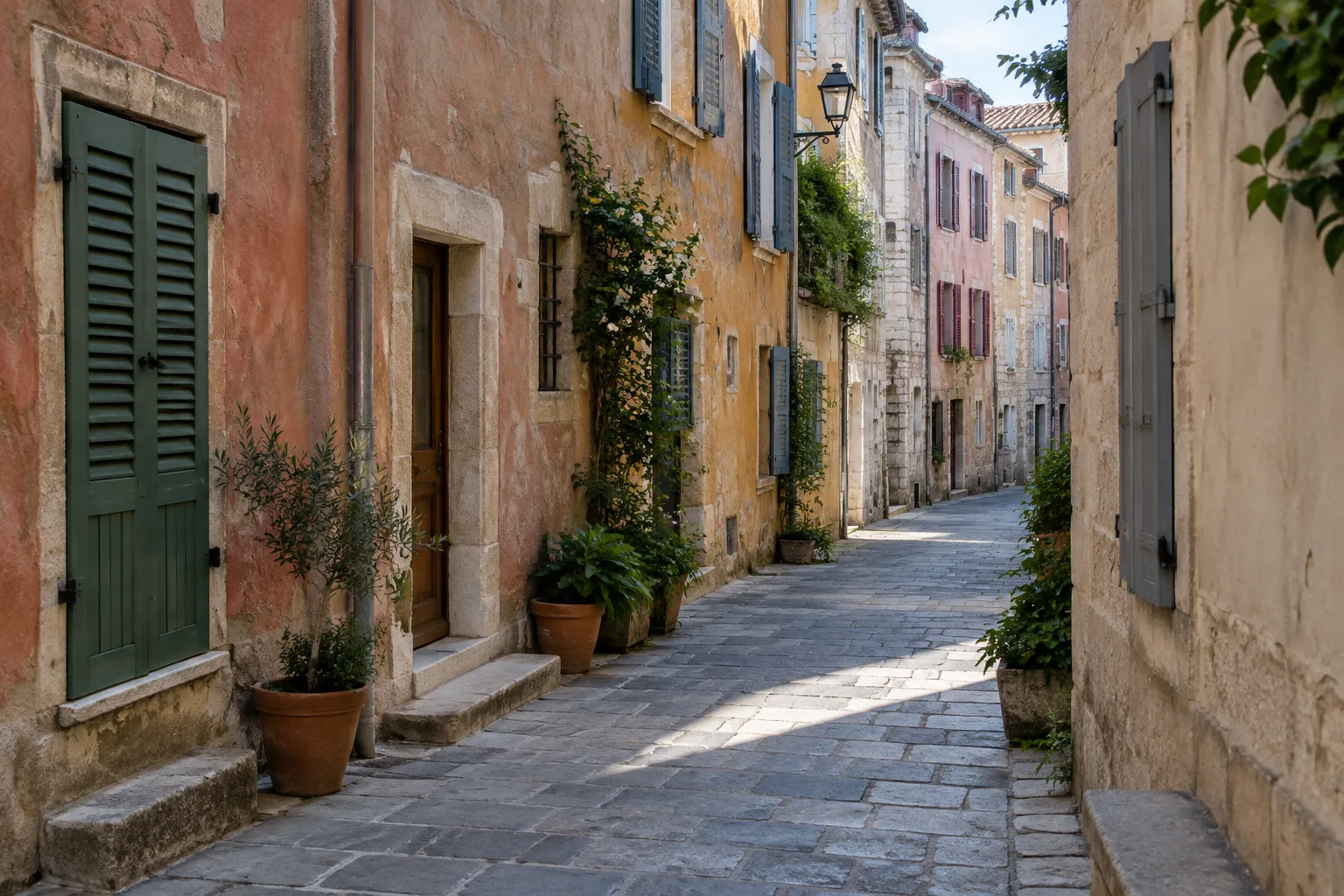 Une ruelle aux façades patinées où la lumière éclaire les détails du quotidien.